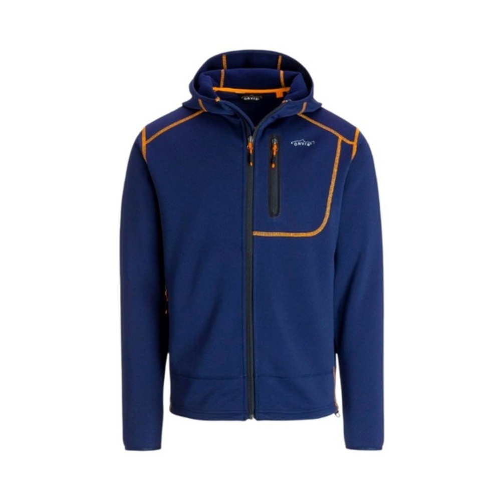 Orvis Hooded Full Zip Big Horn Fleece Sweatshirt Jacket Navy With Orange Trim M
